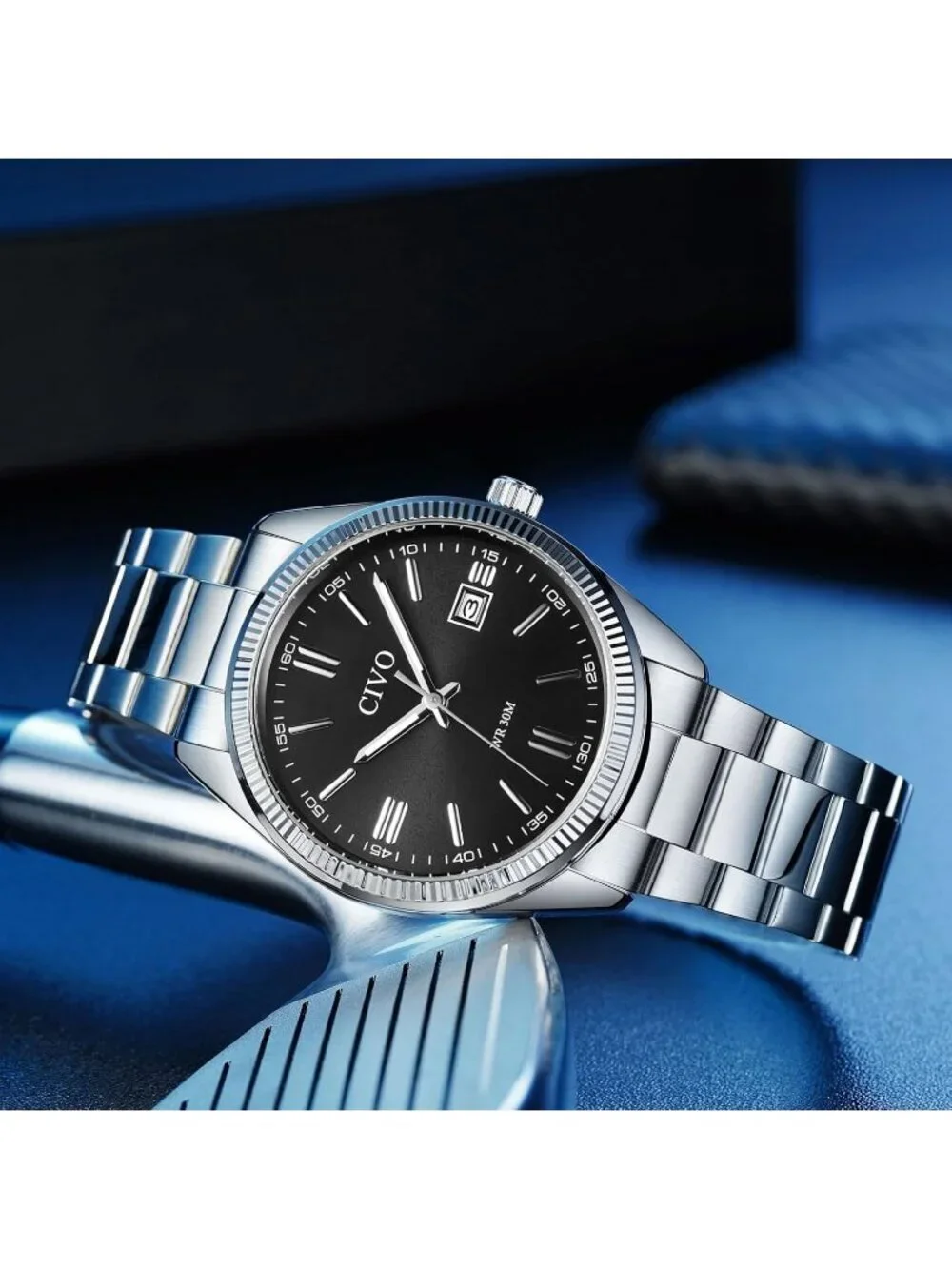 Men Silver Black Analog Quartz Skeleton Stainless Steel Round Casual Wrist Watch